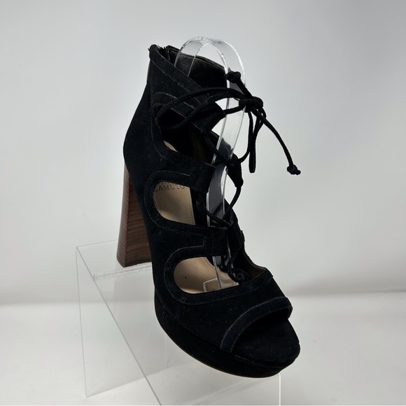 Vince Camuto Kamaye Black Suede Lace Up Platform Heeled Sandals Size 7 - Picture 2 of 12